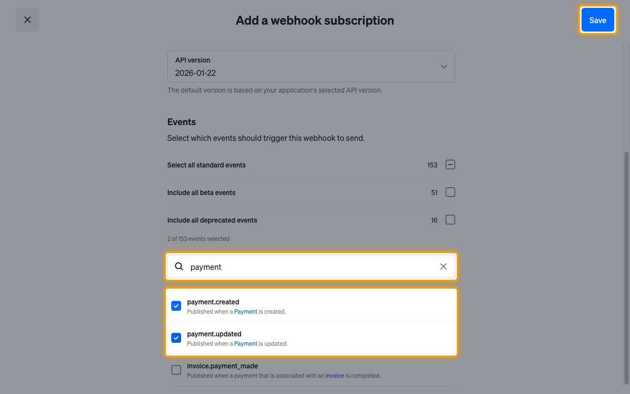 Events list filtered by payment with payment.created and payment.updated ticked and the Save button highlighted