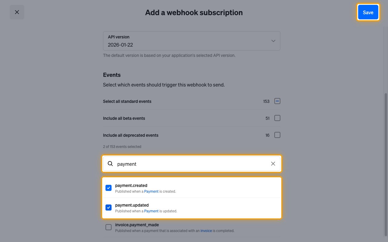 Events list filtered by payment with payment.created and payment.updated ticked and the Save button highlighted