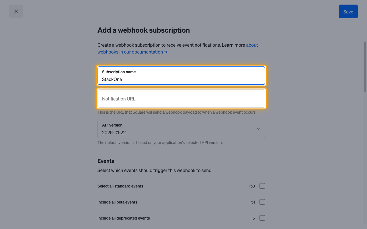 Add a webhook subscription dialog with the Subscription name and Notification URL fields highlighted