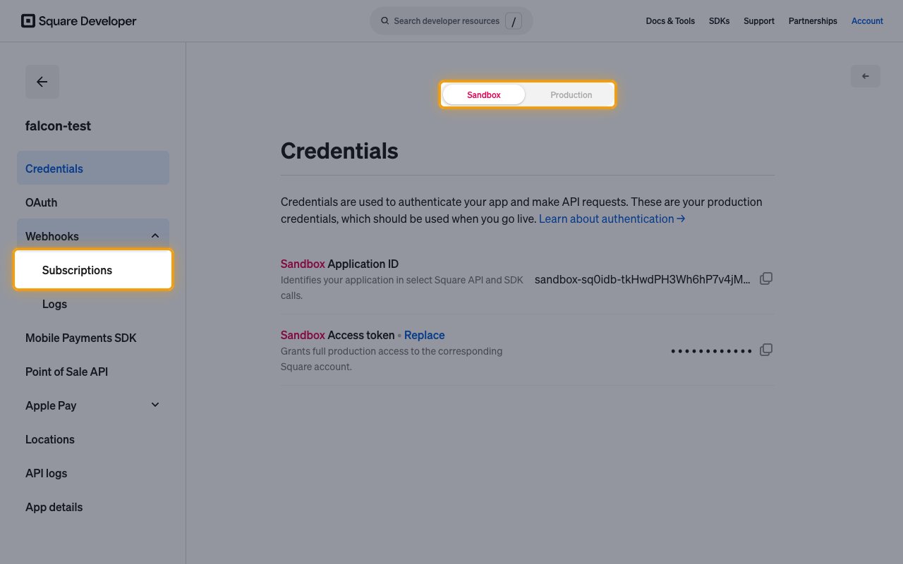 Square app page with the Sandbox and Production toggle and the Webhooks Subscriptions menu item highlighted
