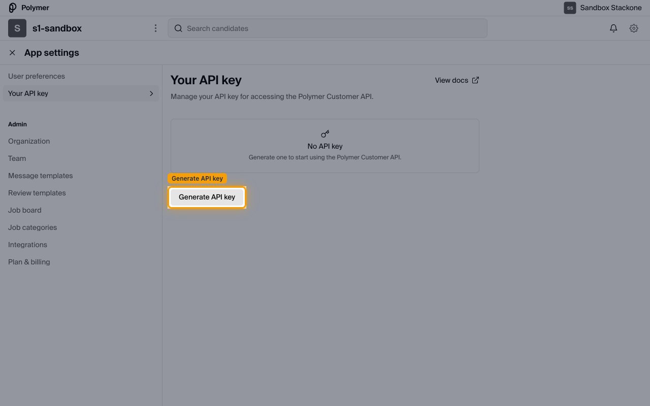 Your API key settings page in the No API key state with a Generate API key button.