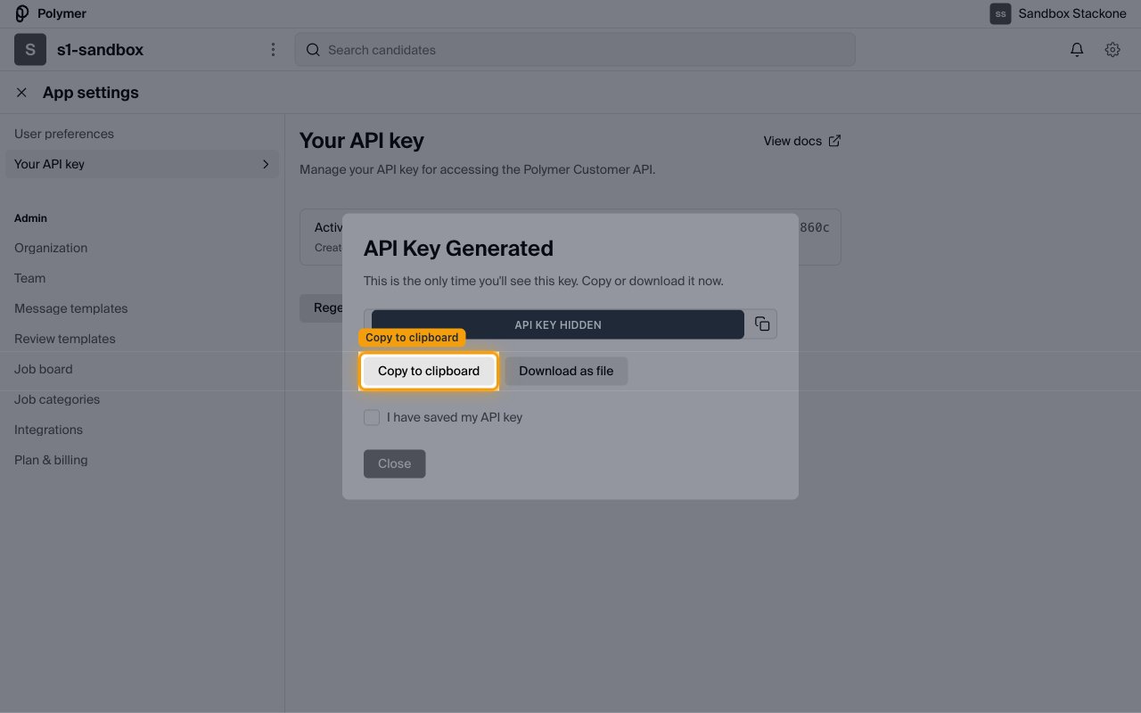 API Key Generated dialog with the key value (redacted), Copy to clipboard and Download as file buttons, and an I have saved my API key checkbox.