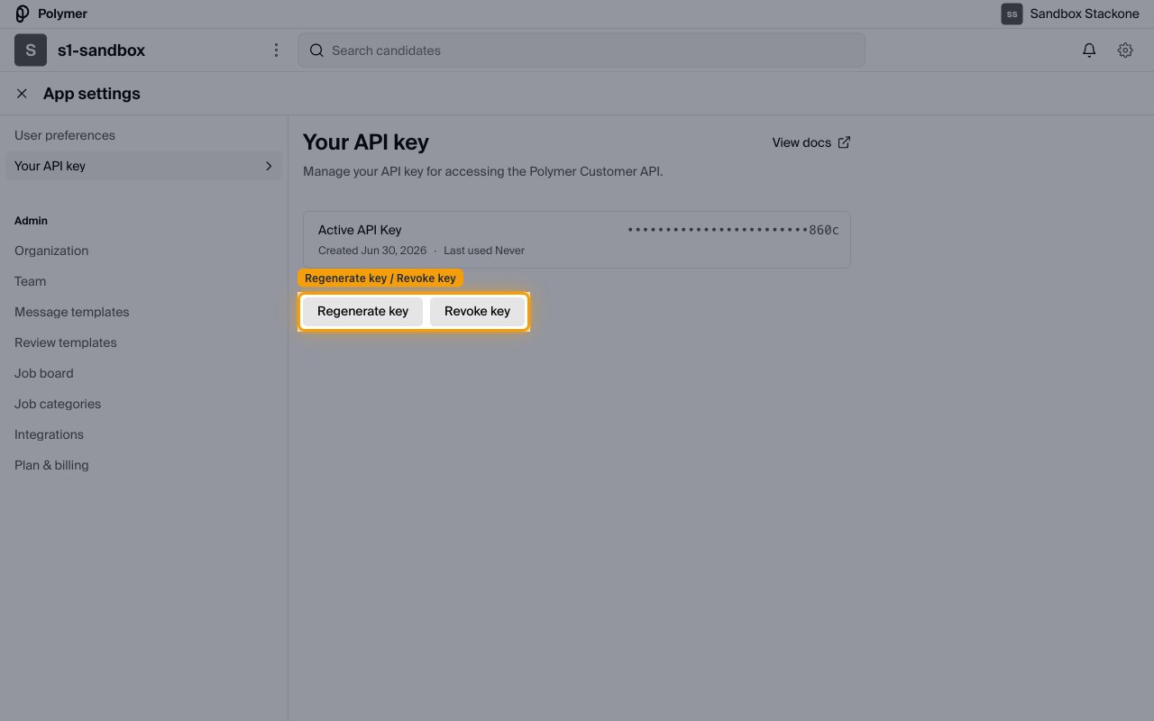 Active API Key card showing the masked key with Regenerate key and Revoke key buttons.