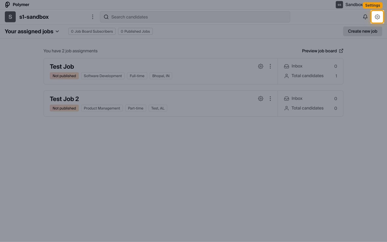 Polymer dashboard with the settings gear icon highlighted in the top-right of the navigation bar.
