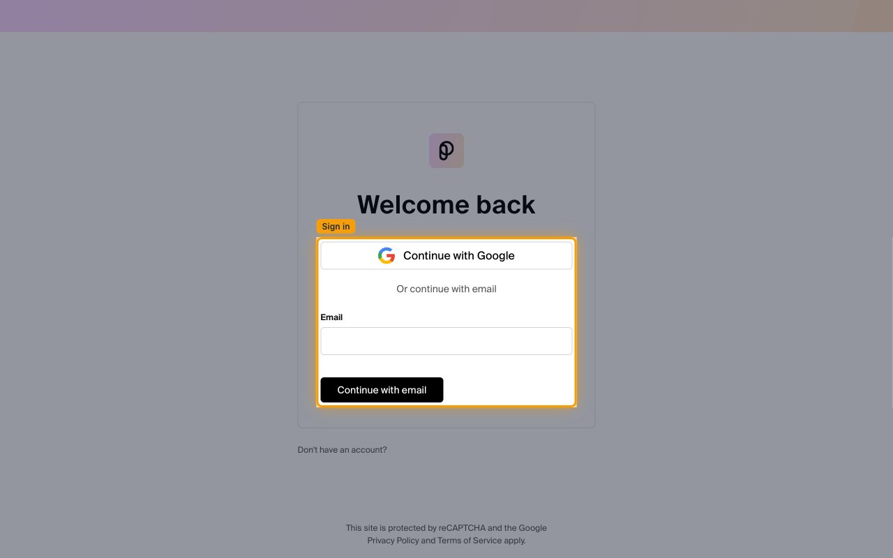 Polymer "Welcome back" sign-in screen with a Continue with Google button and an Email field with a Continue with email button.