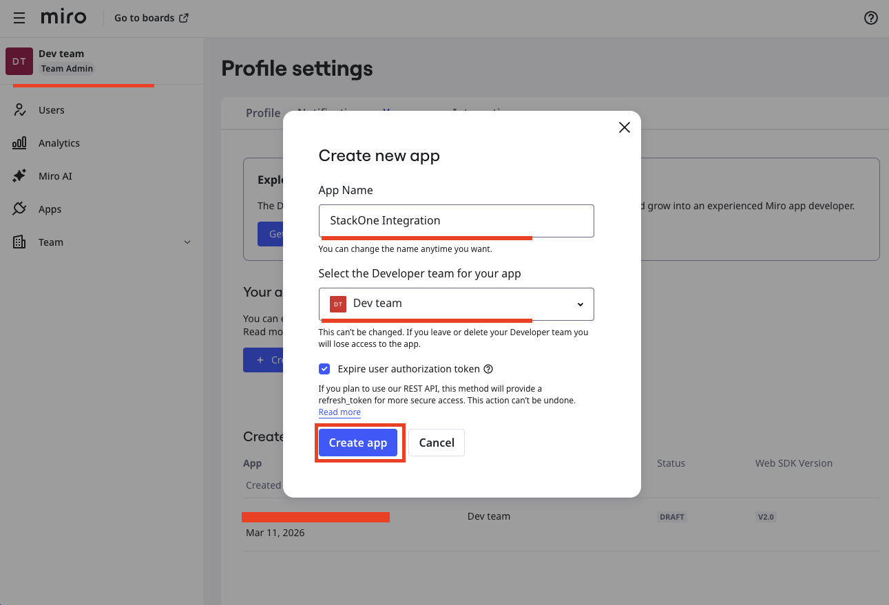 Miro OAuth Create App