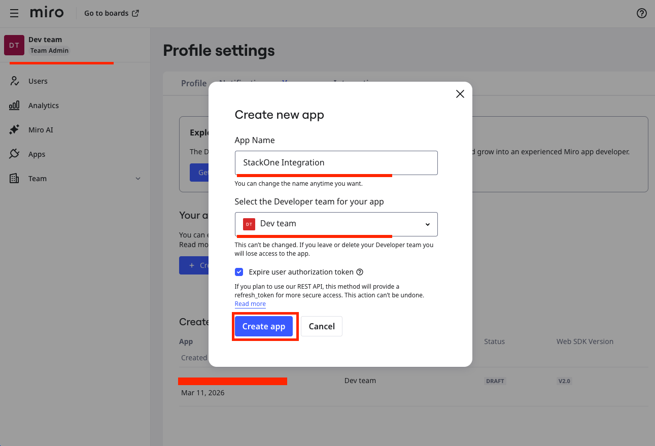 Miro OAuth Create App