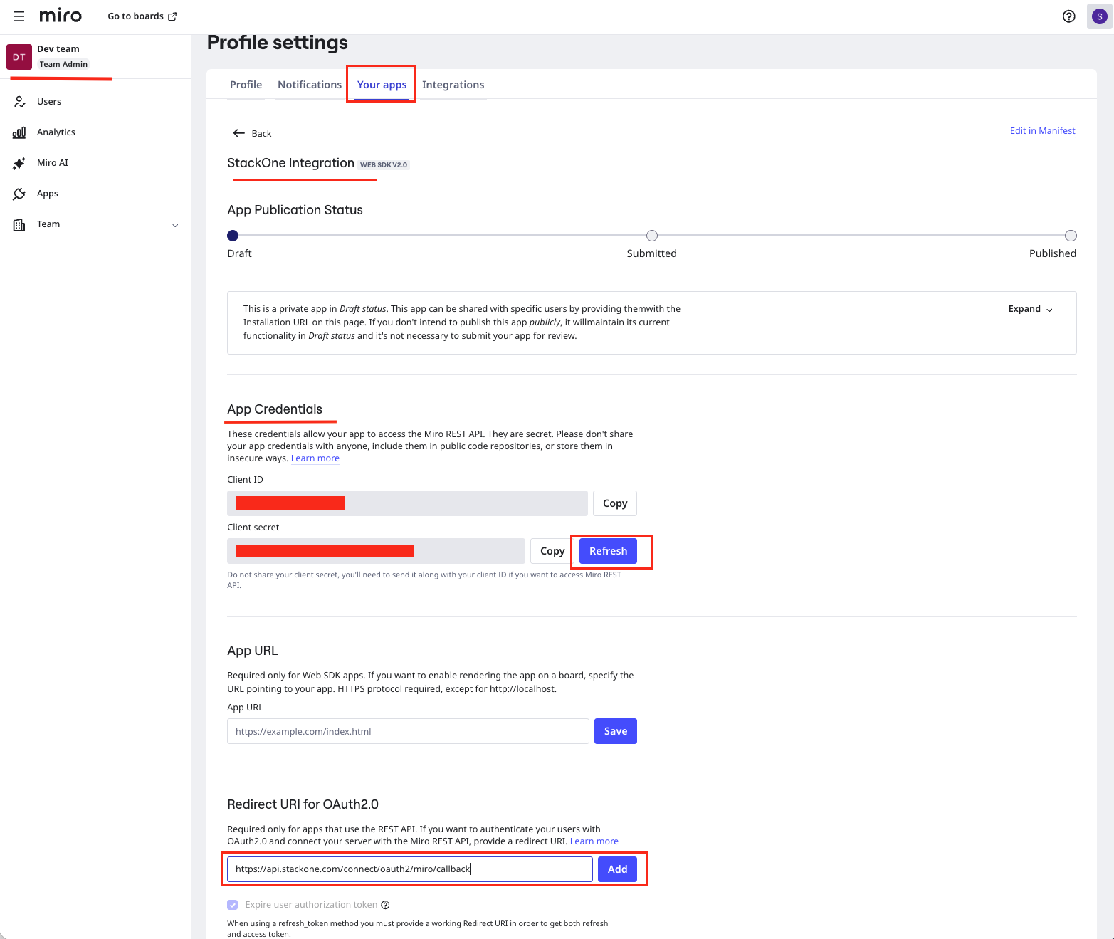 Miro OAuth Credentials and Redirect URL Configuration