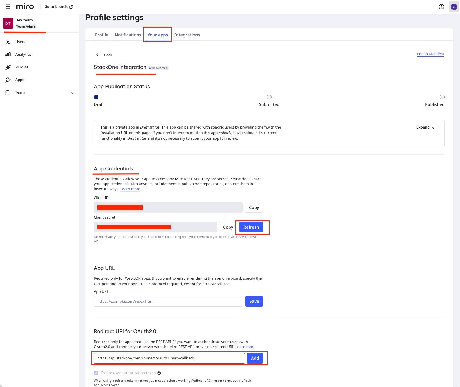 Miro OAuth Credentials and Redirect URL Configuration