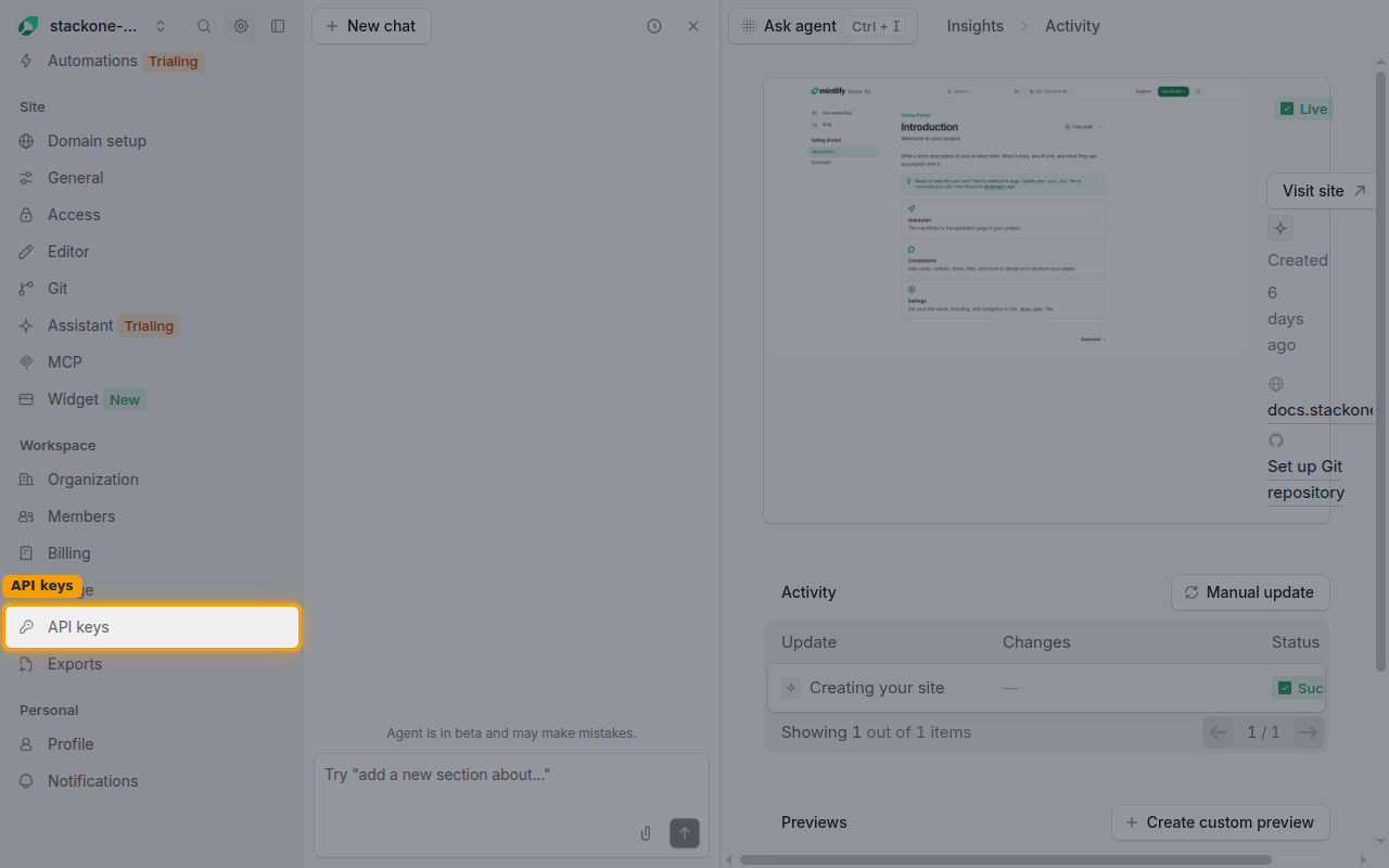 The settings navigation with API keys highlighted under the Workspace section