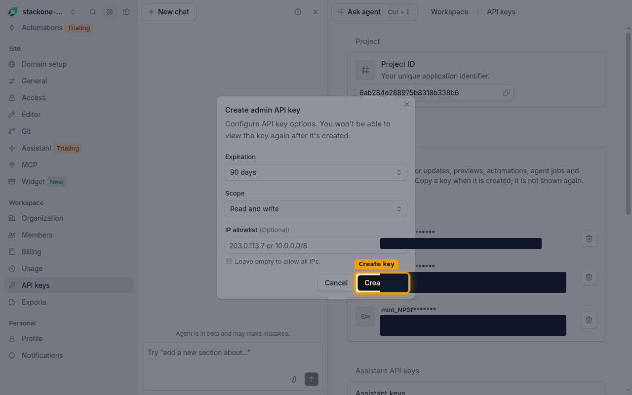 The Create admin API key dialog showing Expiration, Scope, and IP allowlist options with the Create key button highlighted