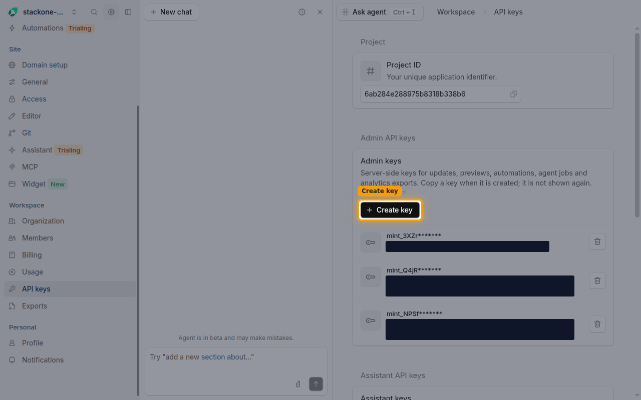 The Admin API keys section with the Create key button highlighted