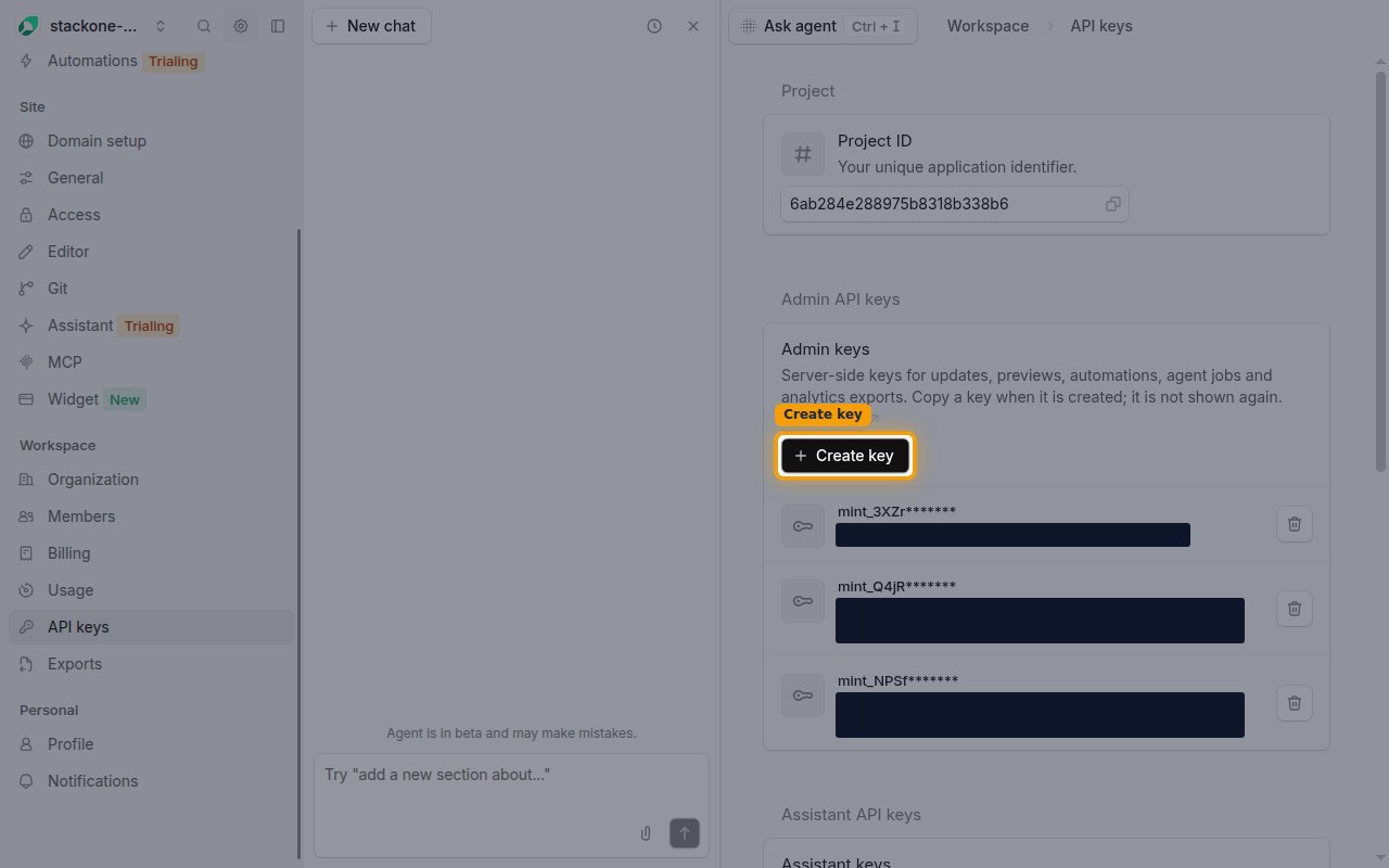 The Admin API keys section with the Create key button highlighted