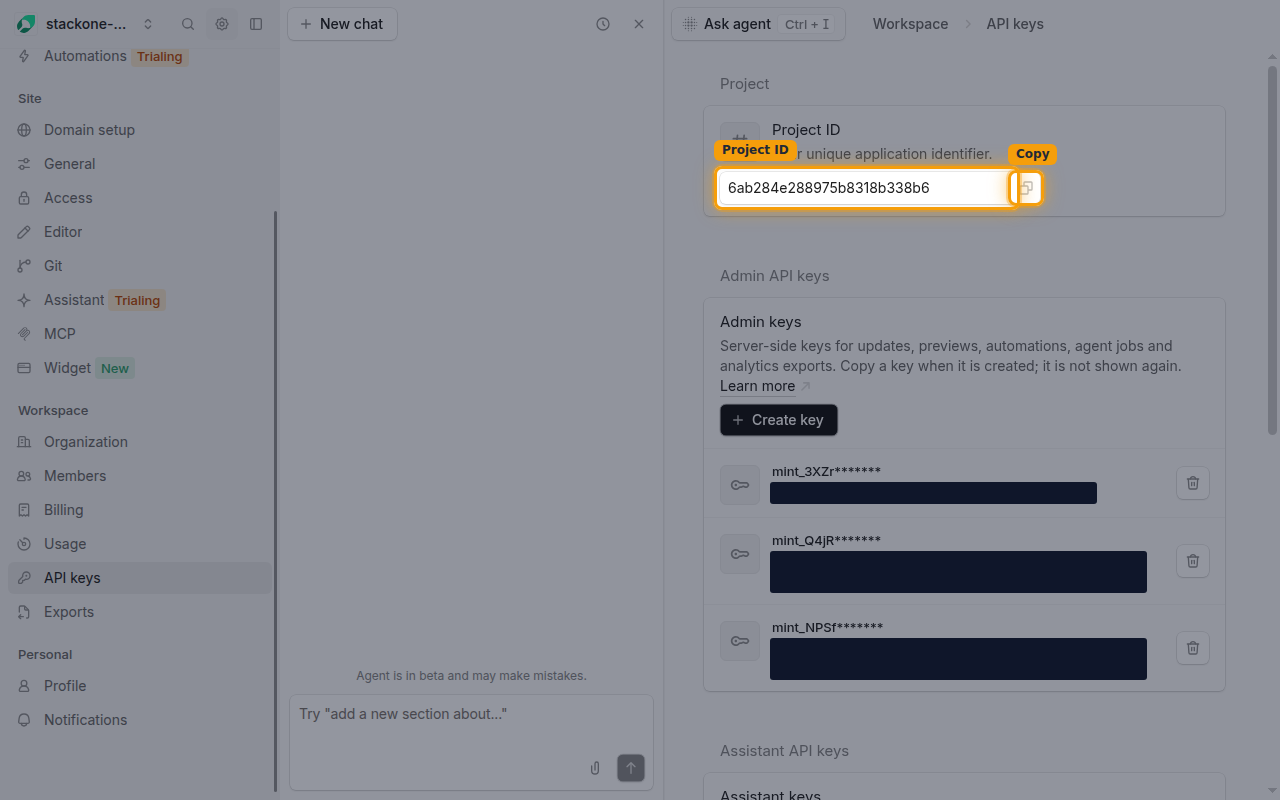 The API keys page showing the Project ID value and the Copy project ID button highlighted