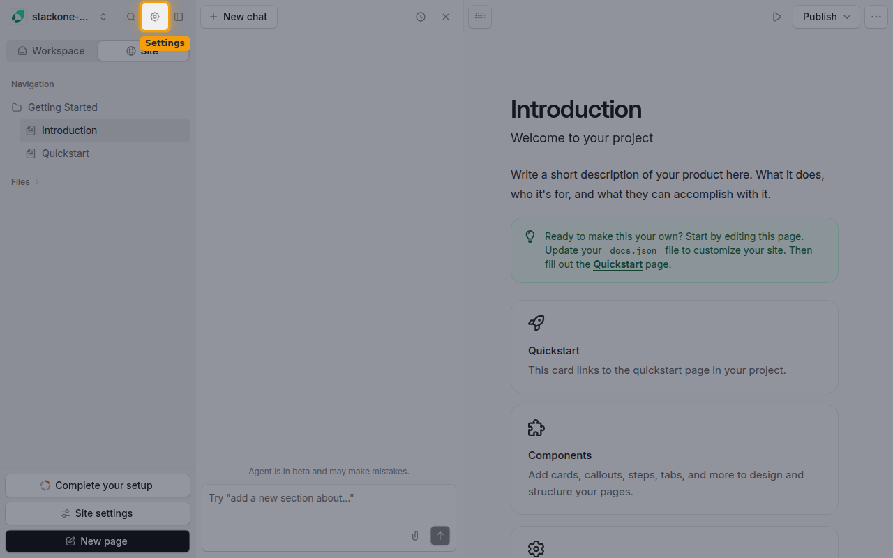 The Mintlify editor with the Settings gear icon highlighted in the top left bar