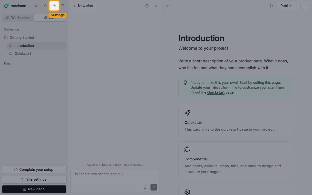 The Mintlify editor with the Settings gear icon highlighted in the top left bar