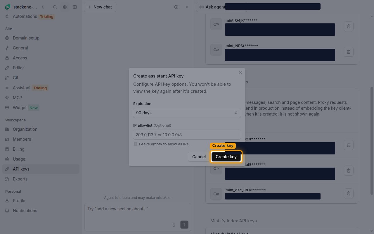 The Create assistant API key dialog showing Expiration and IP allowlist options with the Create key button highlighted