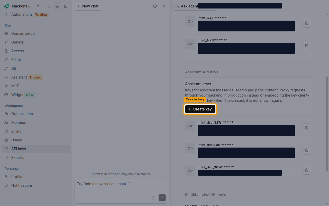 The Assistant API keys section with the Create key button highlighted