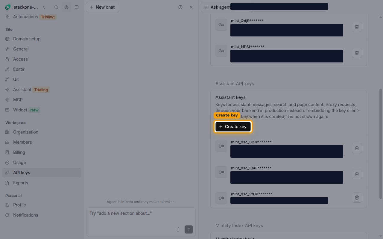 The Assistant API keys section with the Create key button highlighted