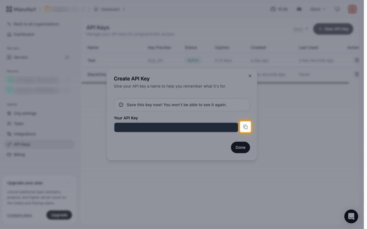 The Create API Key dialog showing the generated key redacted, with the Copy button highlighted