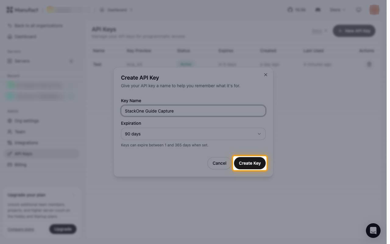 The Create API Key dialog with a key name entered, an expiration selected, and the Create Key button highlighted