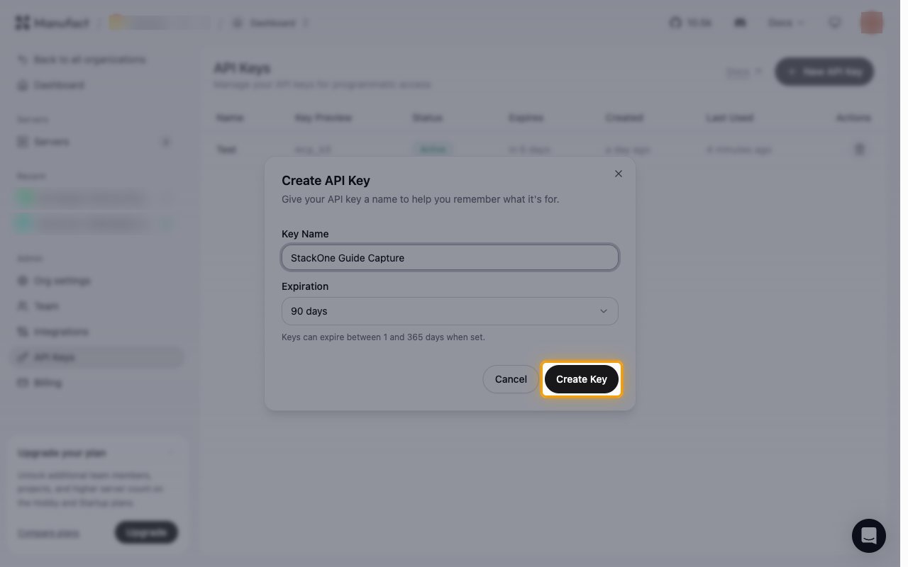 The Create API Key dialog with a key name entered, an expiration selected, and the Create Key button highlighted