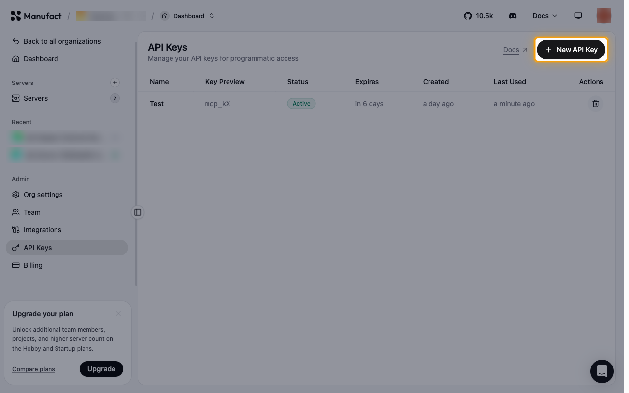 The API Keys page with the New API Key button highlighted