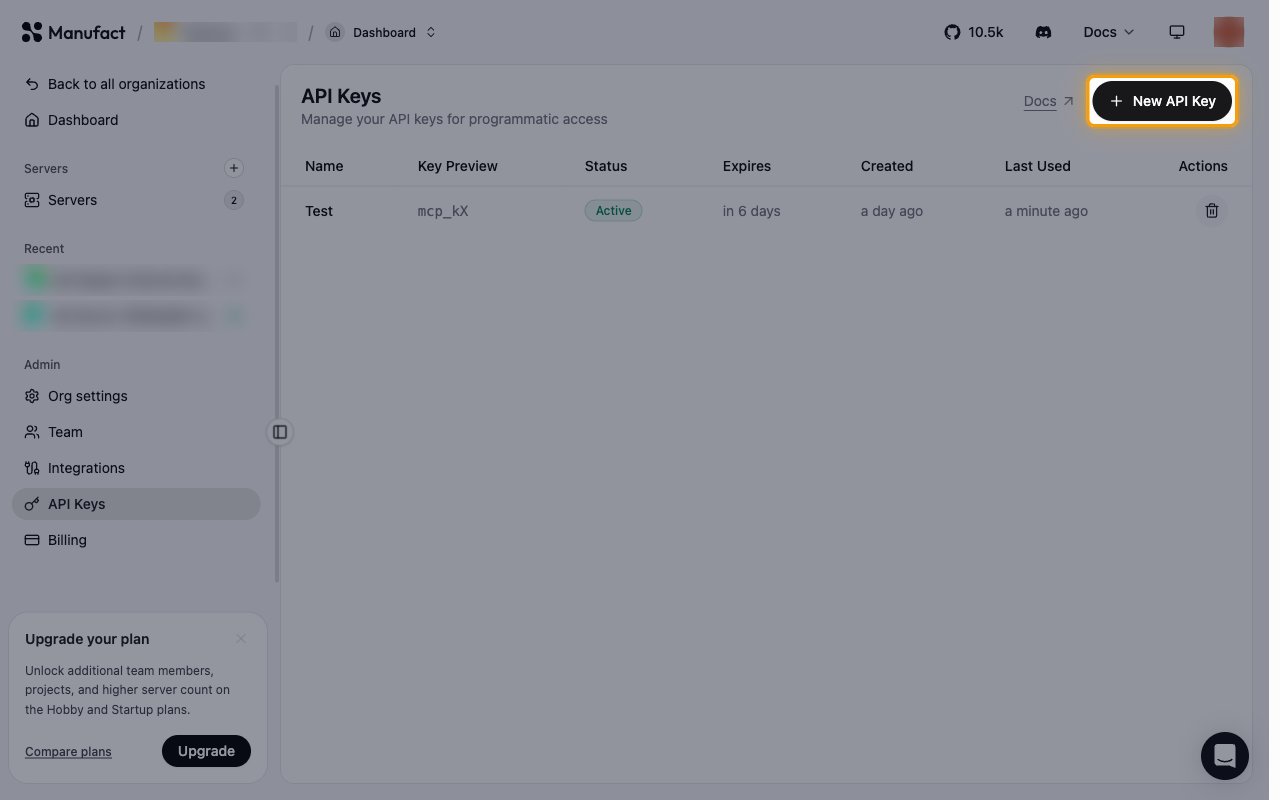 The API Keys page with the New API Key button highlighted