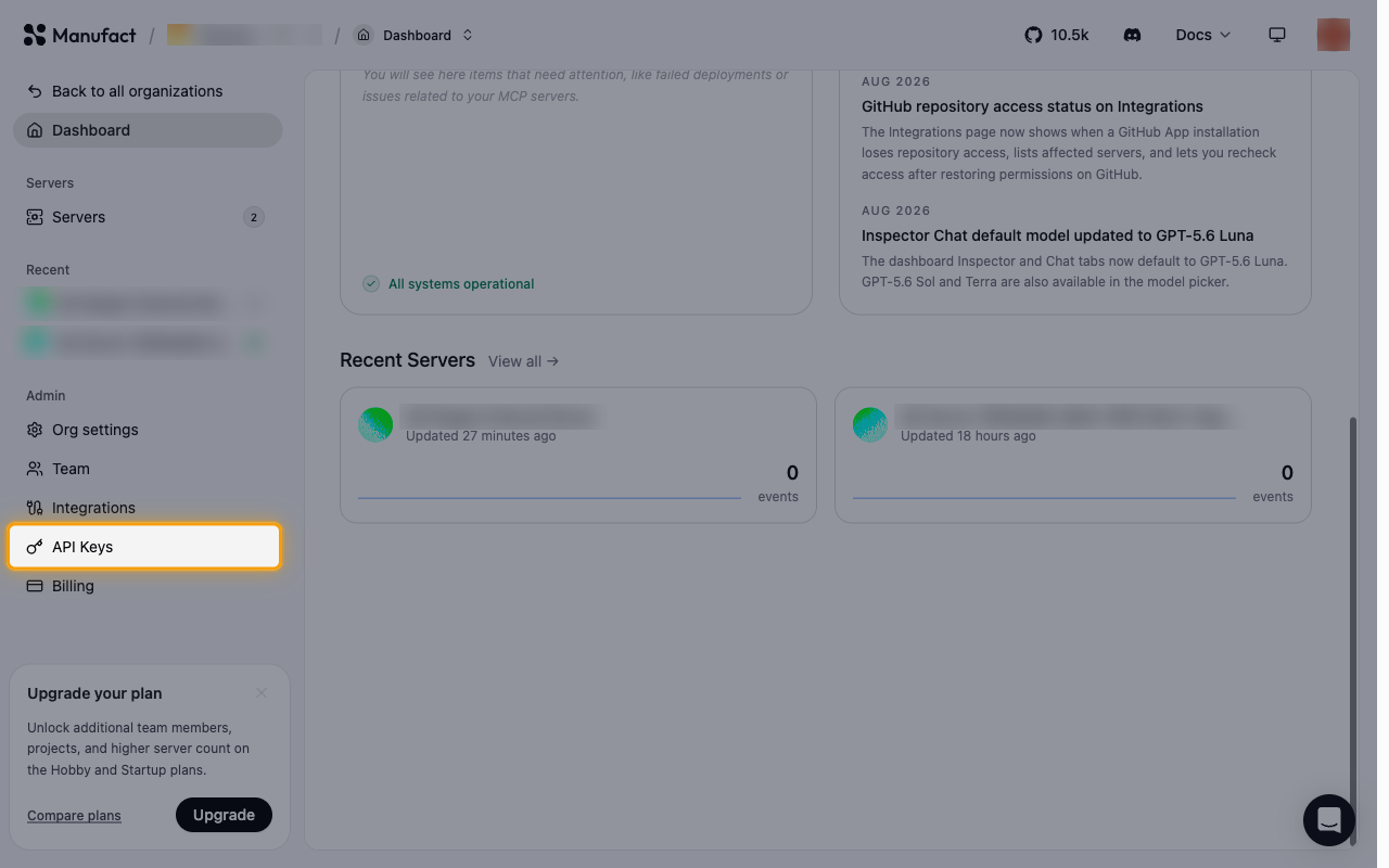The Manufact dashboard with API Keys highlighted under Admin in the sidebar