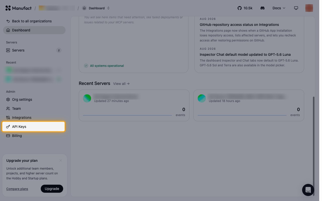 The Manufact dashboard with API Keys highlighted under Admin in the sidebar
