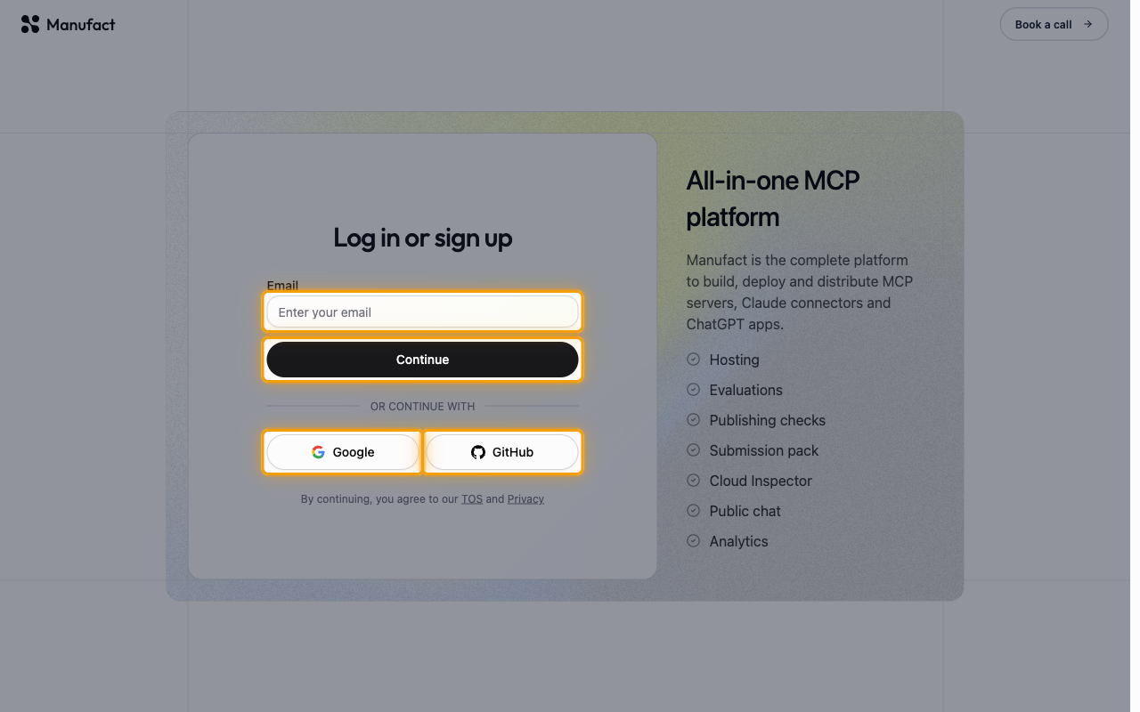 The Manufact log in or sign up screen with the Email field, Continue, Google and GitHub highlighted