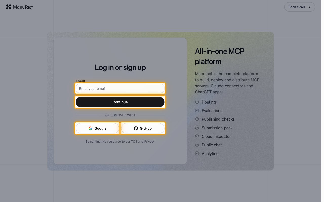 The Manufact log in or sign up screen with the Email field, Continue, Google and GitHub highlighted