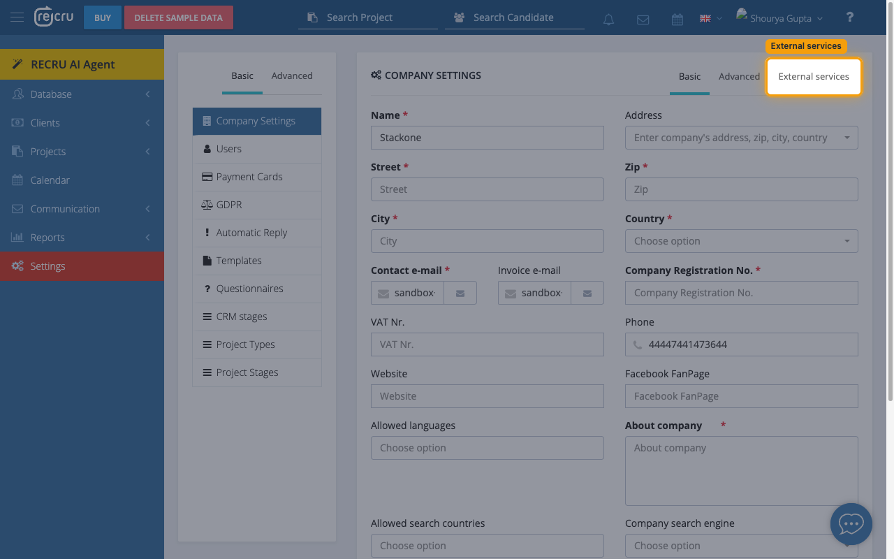 The COMPANY SETTINGS panel with the External services tab highlighted.