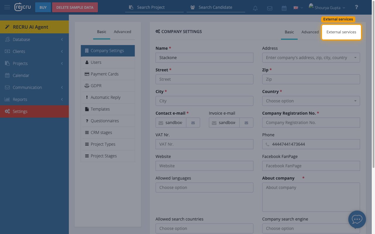 The COMPANY SETTINGS panel with the External services tab highlighted.