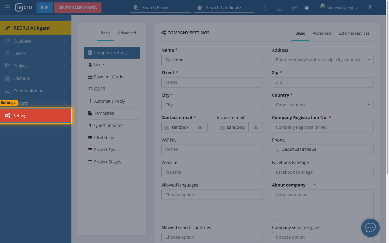 The RECRU backoffice with Settings highlighted in the left navigation.