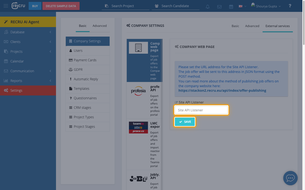 The COMPANY WEB PAGE panel with the Site API Listener field and the SAVE button highlighted.