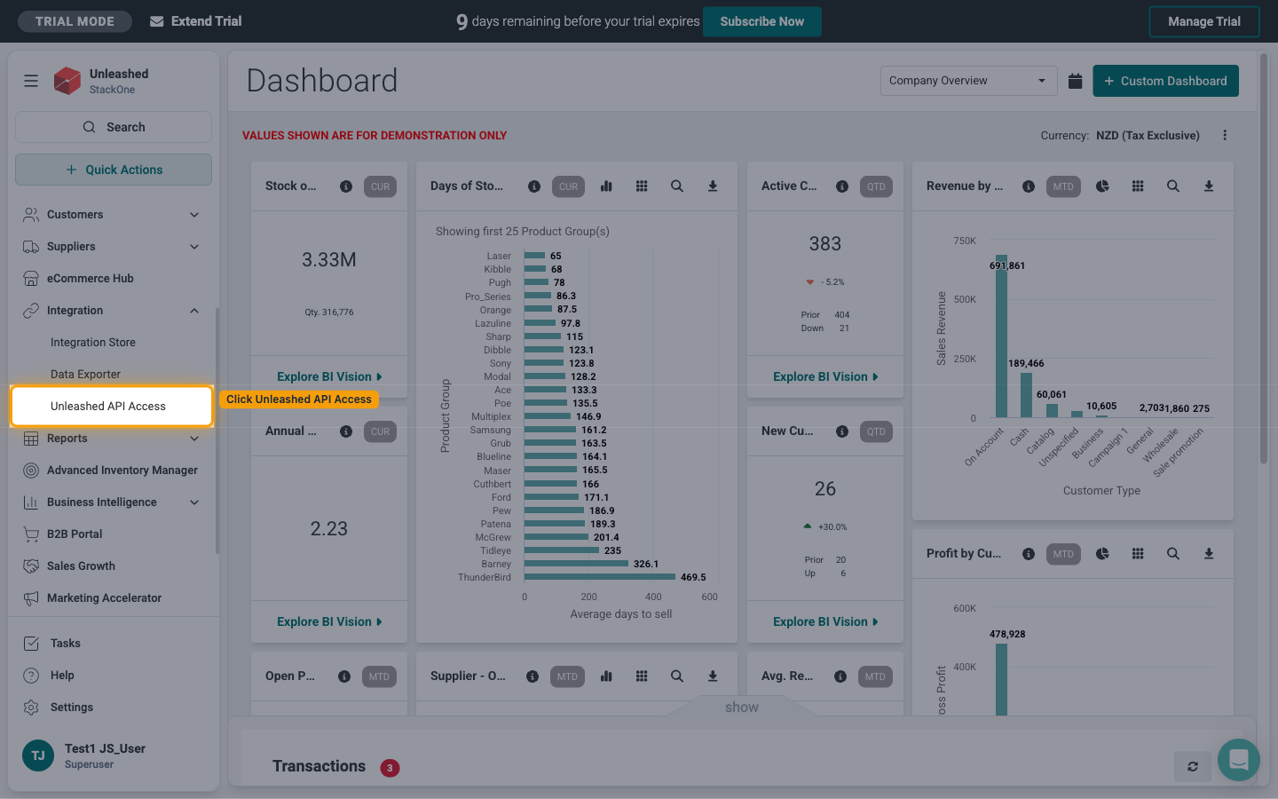 Unleashed sidebar with the Integration menu expanded and Unleashed API Access highlighted