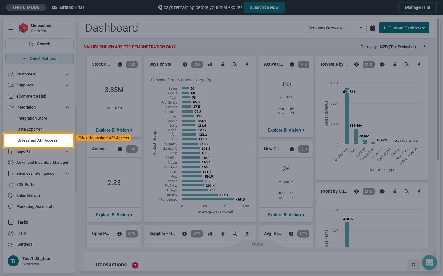 Unleashed sidebar with the Integration menu expanded and Unleashed API Access highlighted