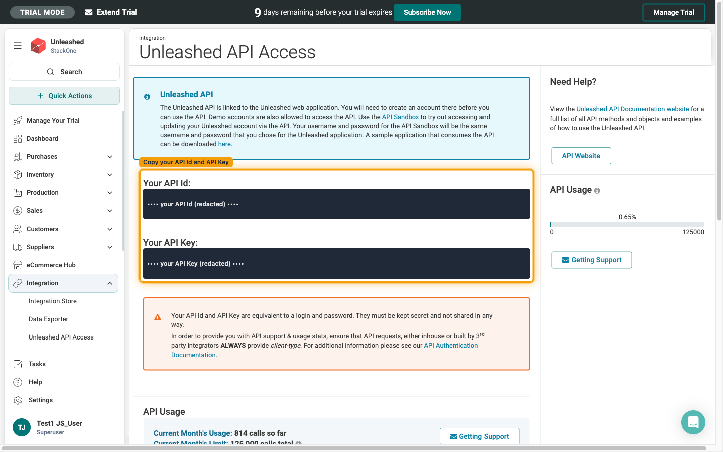 Unleashed API Access page showing Your API Id and Your API Key with the values redacted