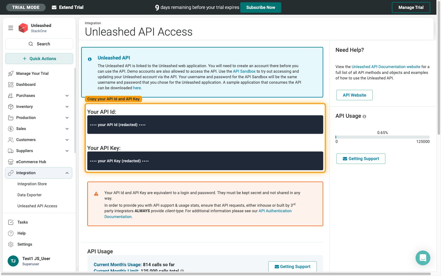 Unleashed API Access page showing Your API Id and Your API Key with the values redacted