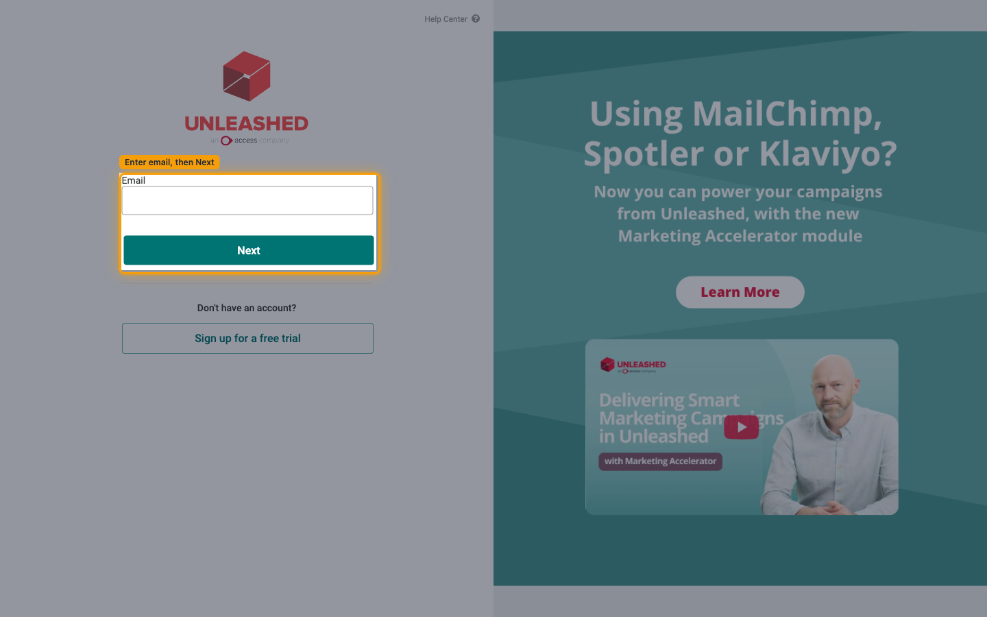 Unleashed login screen with the Email field and Next button