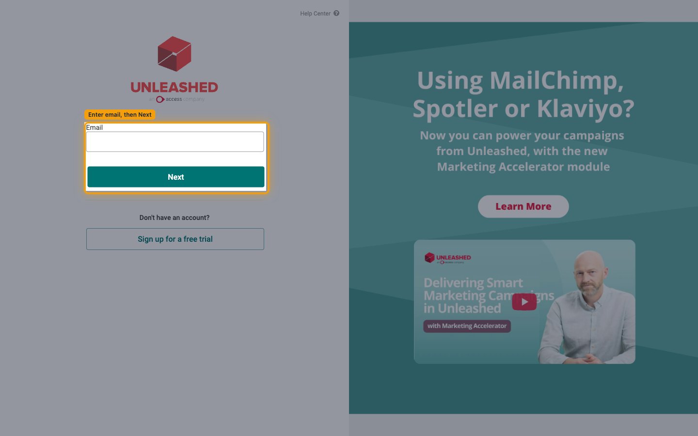 Unleashed login screen with the Email field and Next button