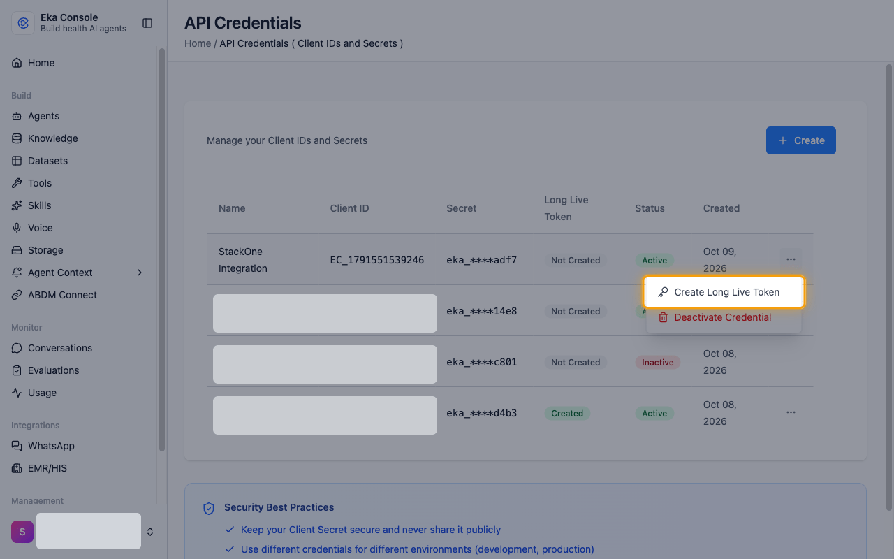 The credential actions menu with Create Long Live Token highlighted