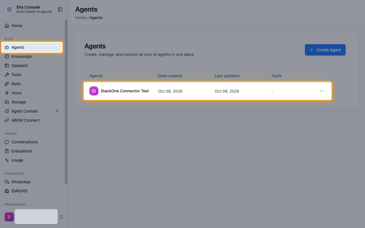 The Agents page with the Agents menu item and an agent row highlighted