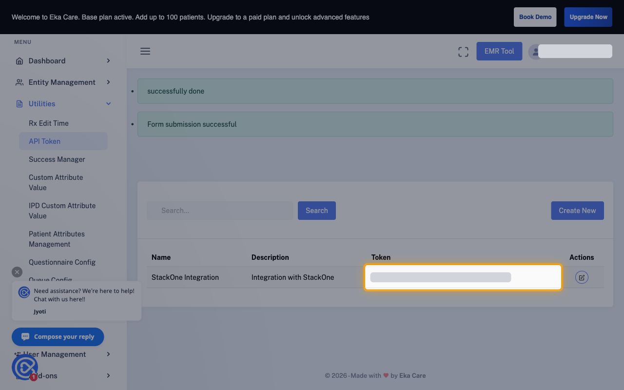 The API Token list with the new token value hidden and its Token cell highlighted