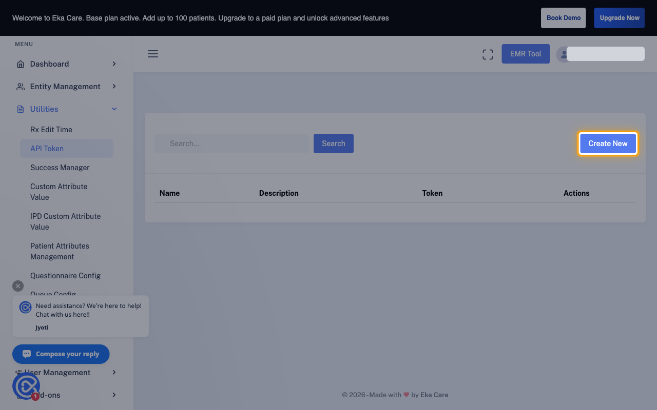 The API Token page with the Create New button highlighted