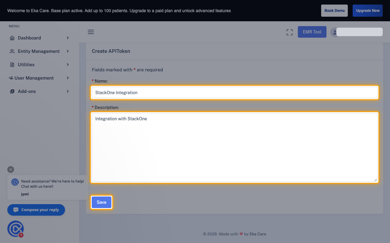 The Create APIToken form with the Name, Description and Save controls highlighted