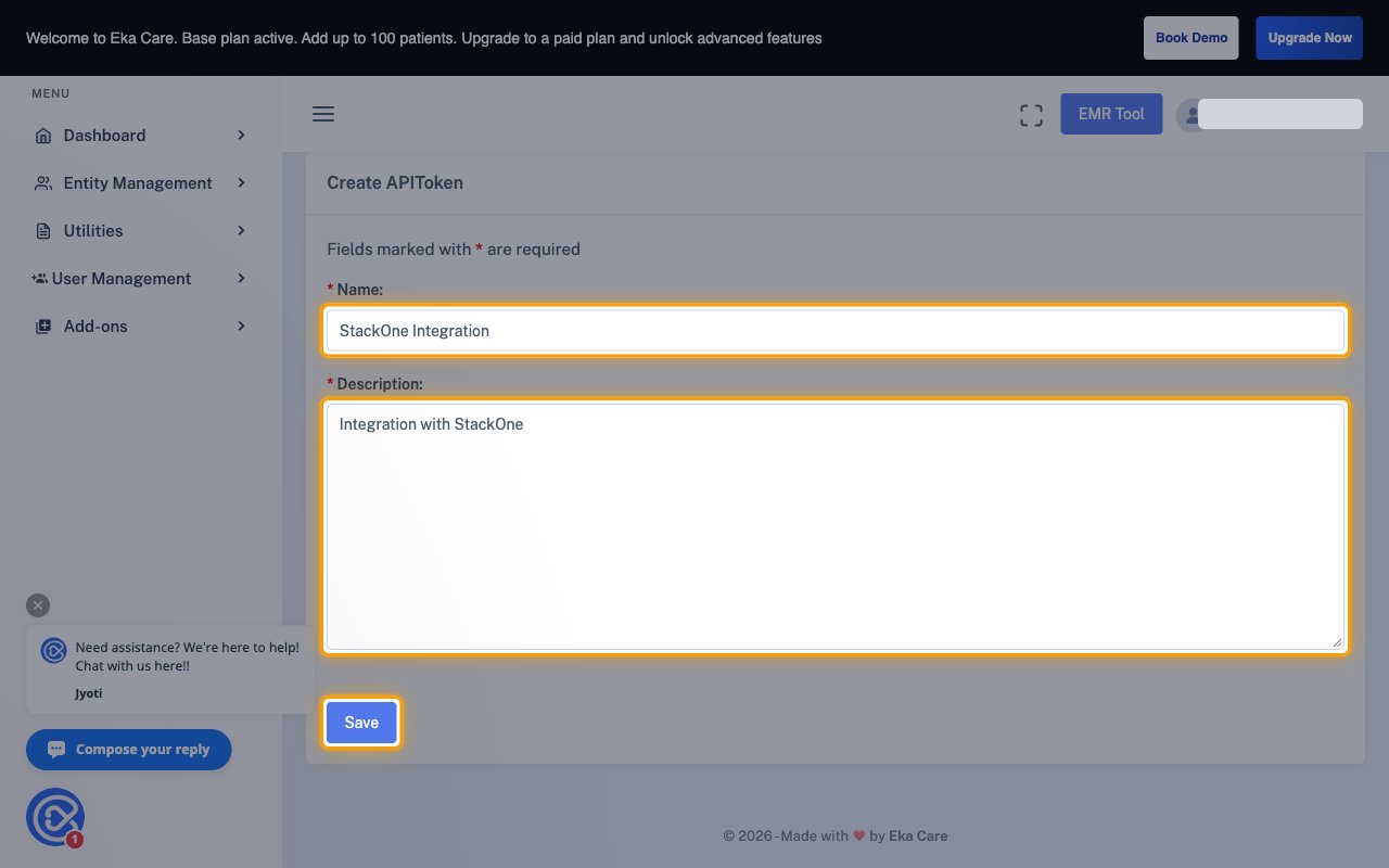 The Create APIToken form with the Name, Description and Save controls highlighted
