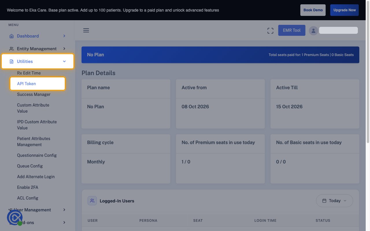 The Eka Hub sidebar with Utilities and API Token highlighted