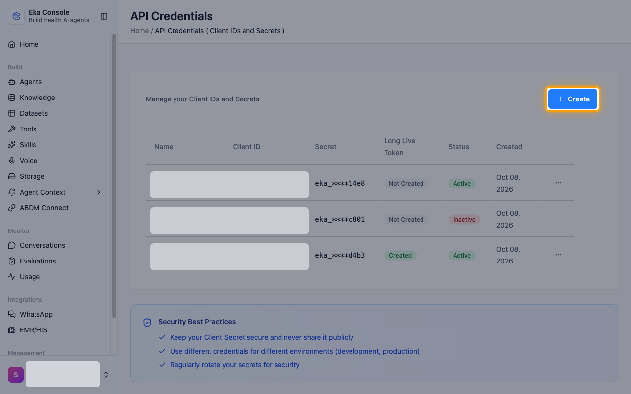 The API Credentials page with the Create button highlighted